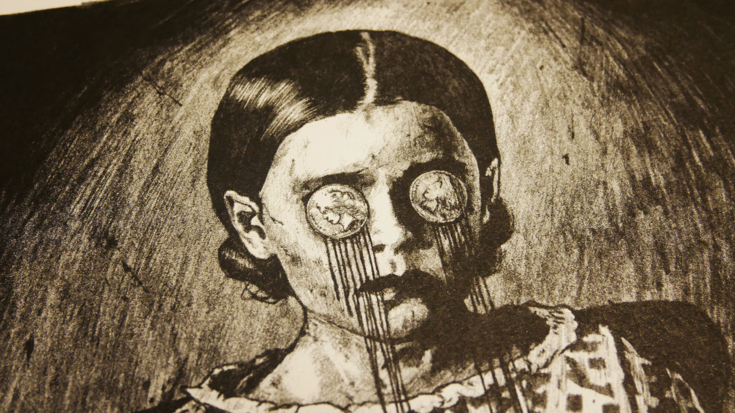 Kleines Mädchen mit Münzen / Risograph von Jean-Luc Navette