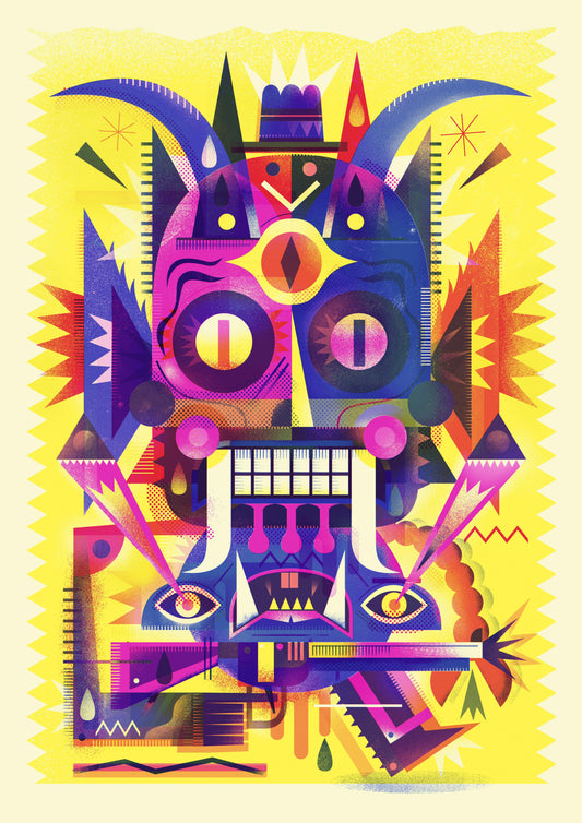 Satanischer Roboter-Zombie mit einer Waffe / Risograph des Künstlers Niark1