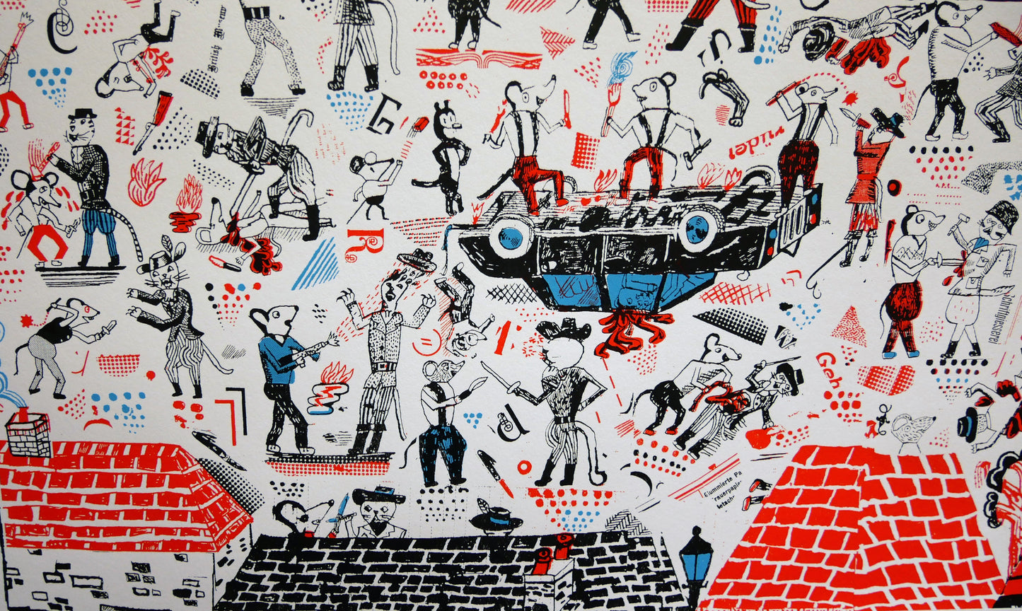 Sérigraphie "Cats vs Mice Streetfight" par JOHN BROADLEY