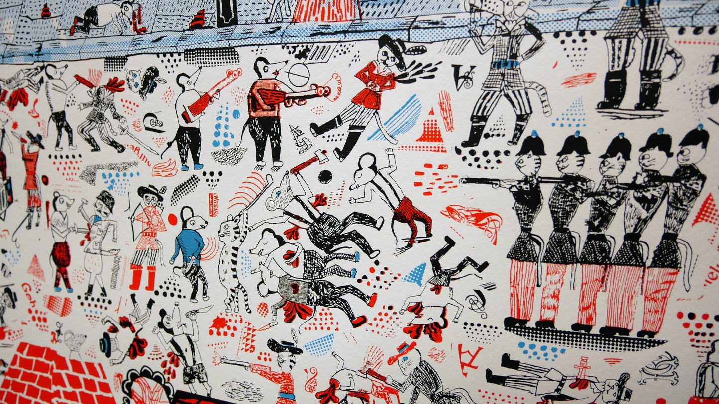 Sérigraphie "Cats vs Mice Streetfight" par JOHN BROADLEY
