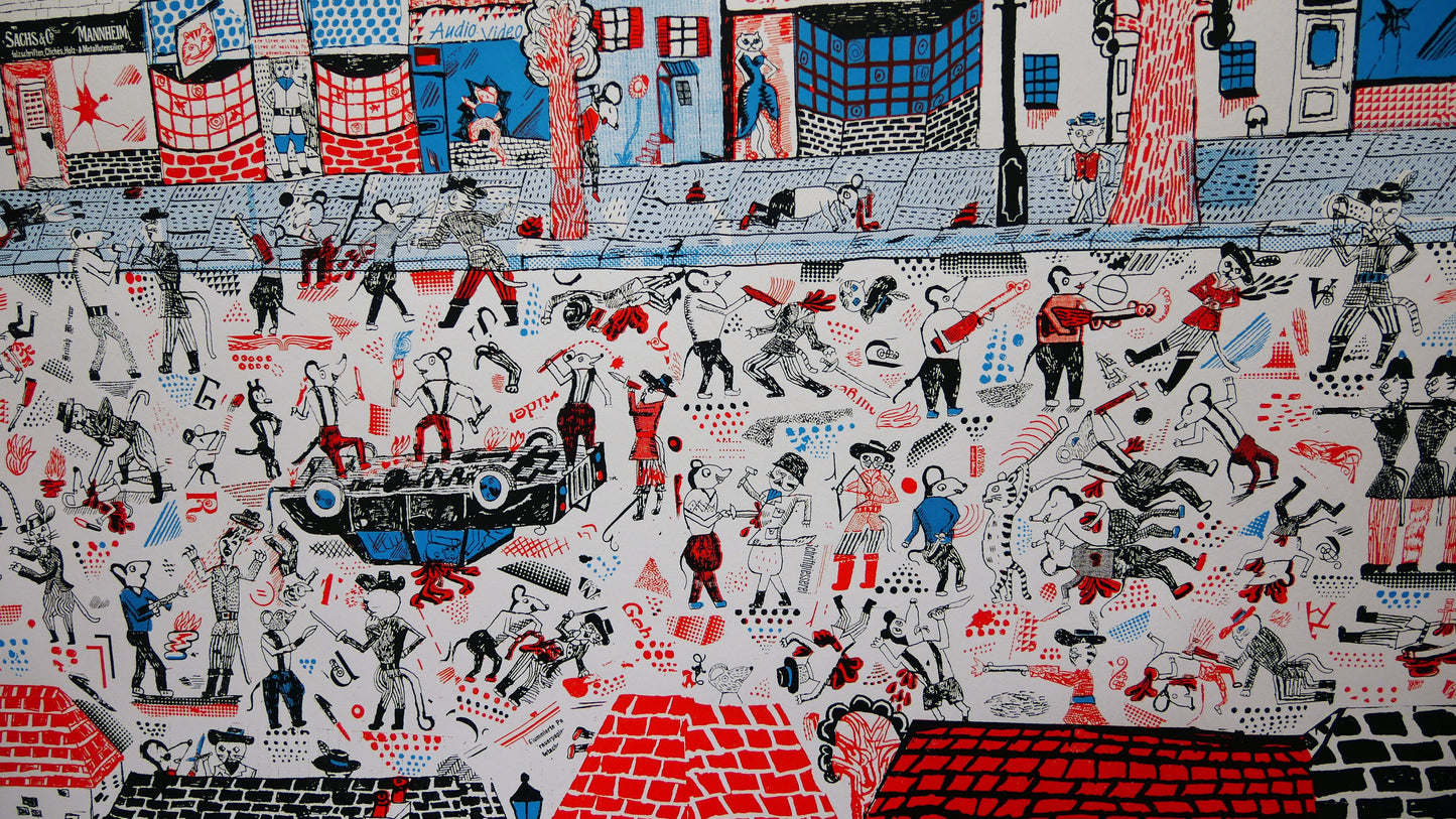 Sérigraphie "Cats vs Mice Streetfight" par JOHN BROADLEY