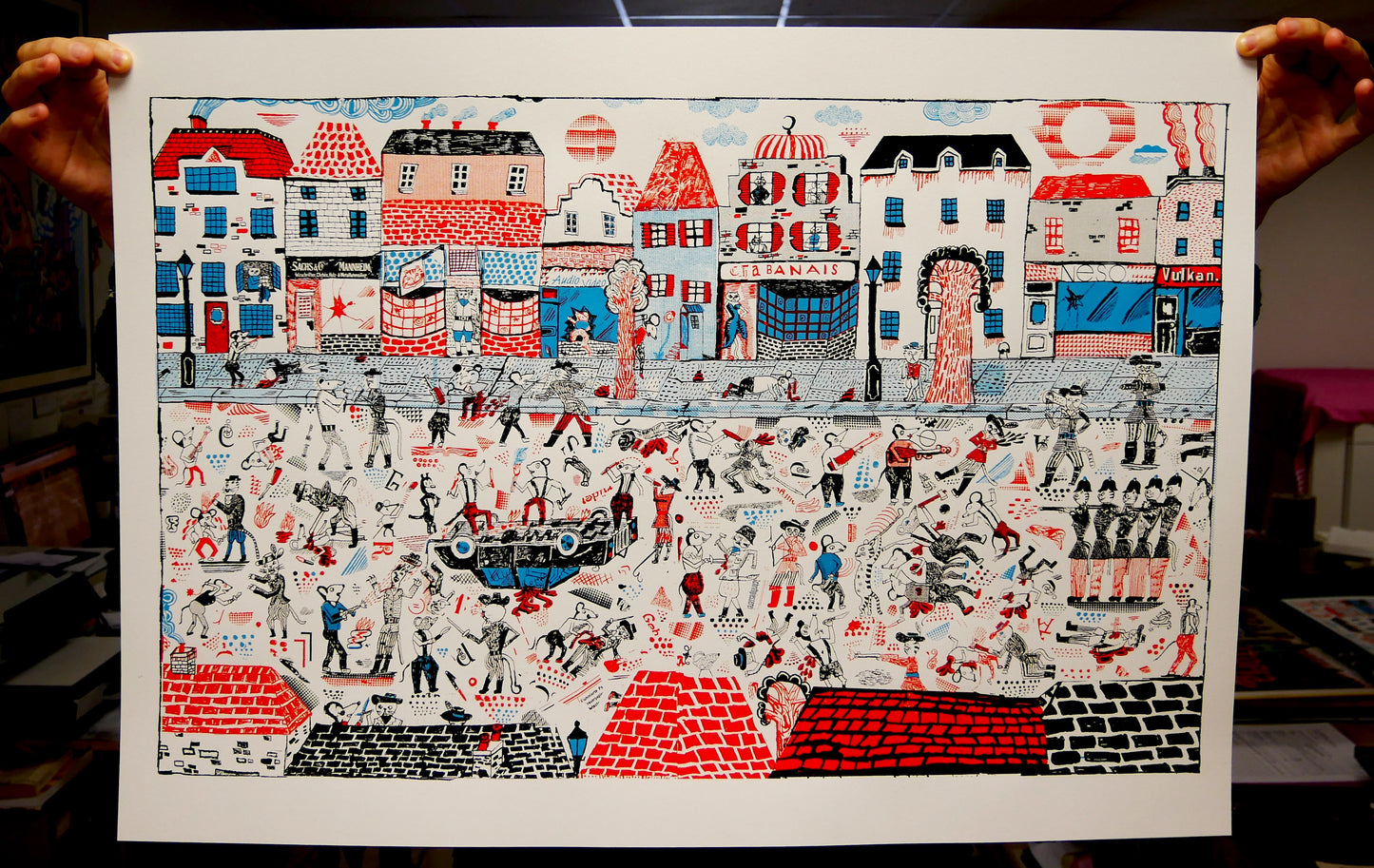 Sérigraphie "Cats vs Mice Streetfight" par JOHN BROADLEY