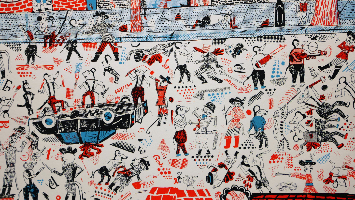 Sérigraphie "Cats vs Mice Streetfight" par JOHN BROADLEY